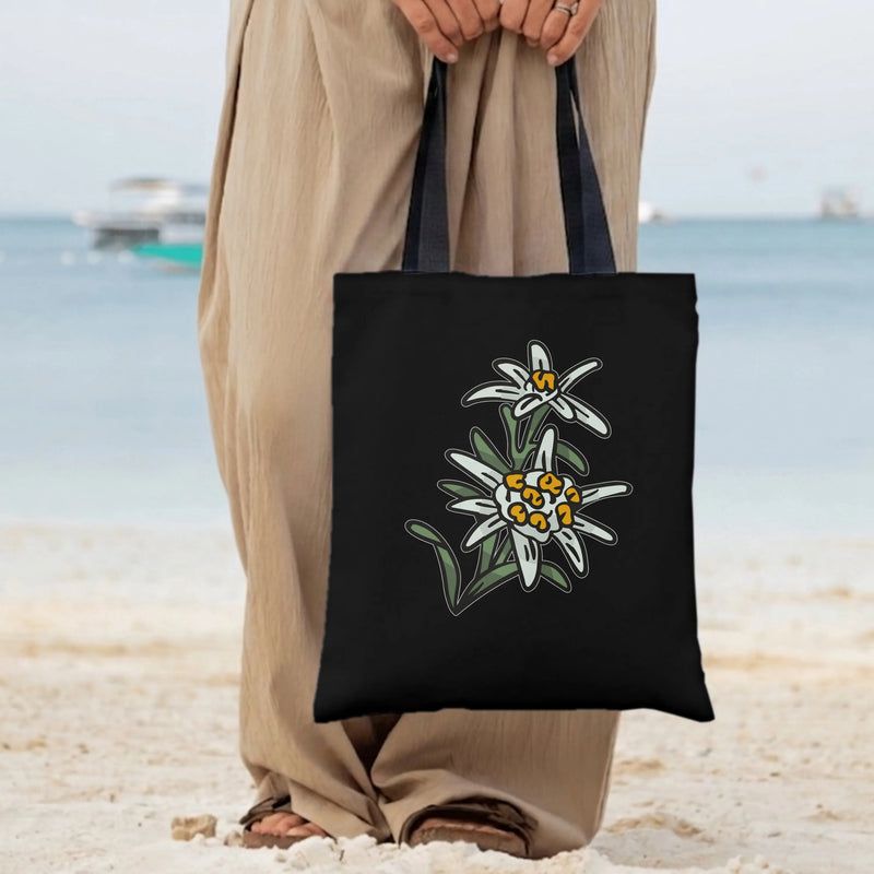 Edelweiss Flower Tote Bag | Bold Outline Alpine Wildflower Illustration | Premium Diamond-Grid Twill Fabric | Botanical Gift for Nature Lovers