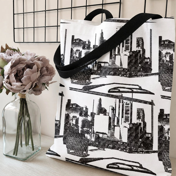City Skyline Tote Bag | Detailed Pen and Ink Urban Architecture Illustration | Premium Twill Fabric Tote | Aesthetic Gift for