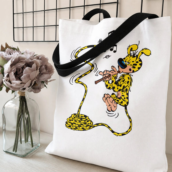 Cartoon Cheetah Playing Flute Tote Bag | Retro Leopard Musician with Musical Notes Art | Premium Twill Fabric Tote | Gift for