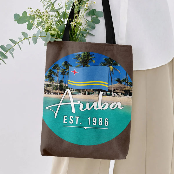 Aruba Tote Bag | Tropical Beach Flag Design Est. 1986 | Premium Twill Diamond-Grid Texture | Caribbean Travel Gift
