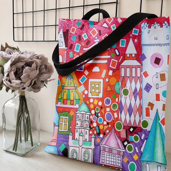 Colorful Cityscape Tote Bag | Whimsical European Village Crayon Art Illustration | Premium Twill Diamond-Grid Fabric | Unique