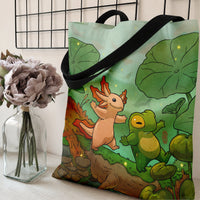 Axolotl and Frog Tote Bag | Cute Cartoon Forest Friends Firefly Illustration | Premium Twill Diamond-Grid Fabric | Gift for Axolotl Lover