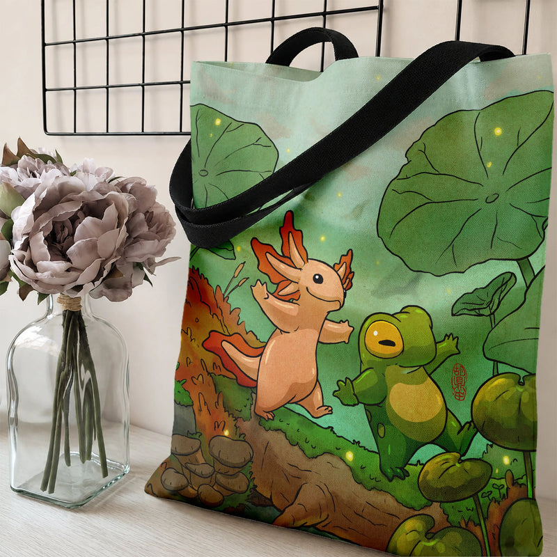 Axolotl and Frog Tote Bag | Cute Cartoon Forest Friends Firefly Illustration | Premium Twill Diamond-Grid Fabric | Gift for Axolotl Lover