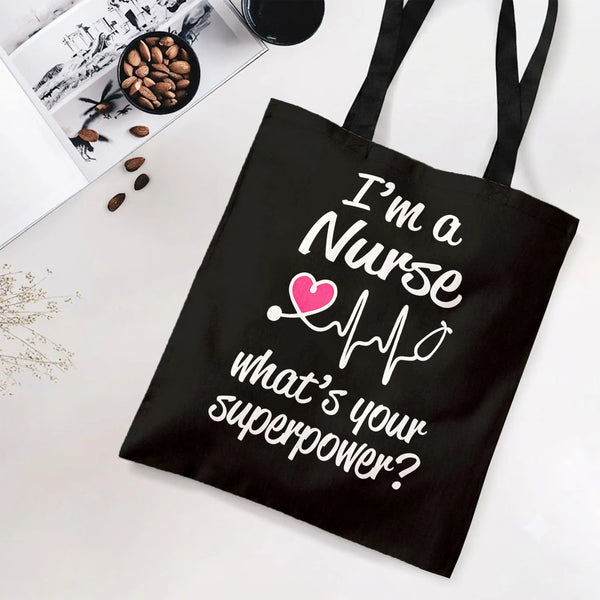 Nurse Superpower Tote Bag | Funny Stethoscope Heartbeat Quote Design | Premium Twill Diamond-Grid Texture | Appreciation Gift