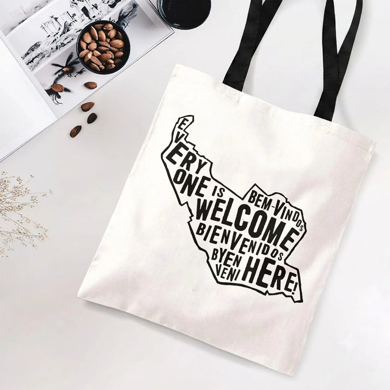 Everyone Is Welcome Here Tote Bag | Multilingual Welcome Typography Map Art | Premium Composite Twill Fabric | Inclusive Diversity Gift for Activists