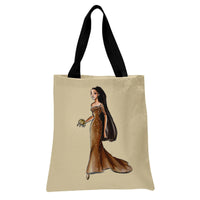 Elegant Woman Evening Gown Tote Bag | Glamorous Fashion Illustration in Sparkling Brown Dress | Premium Twill Tote | Gift for Fashion Enthusiast