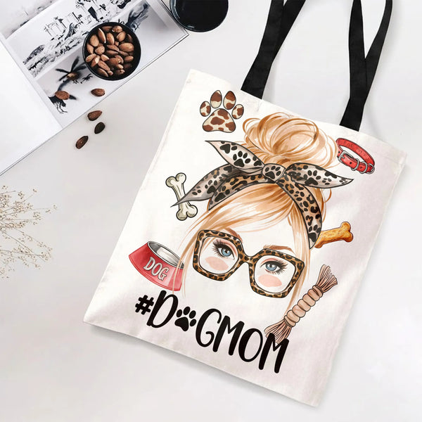 Dog Mom Tote Bag | Messy Bun Leopard Print Dog Lover Illustration | Premium Twill Diamond-Grid Texture | Perfect Gift for Dog