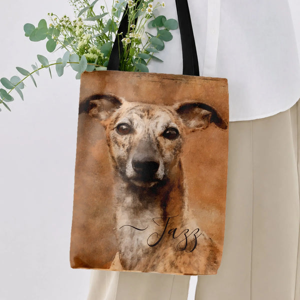 Greyhound Dog Tote Bag | Brindle Greyhound Watercolor Portrait Art | Premium Composite Twill Fabric | Gift for Greyhound Love