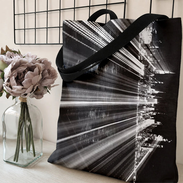 City Skyline Tote Bag | Black and White Motion Blur Urban Night Photography Art | Premium Composite Twill Fabric | Aesthetic 