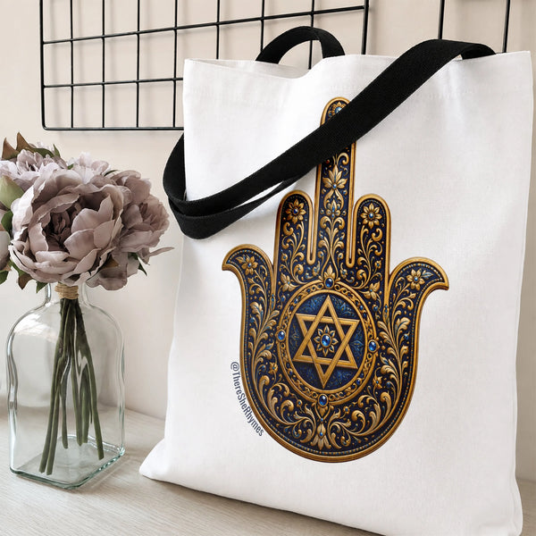 Hamsa Hand Star of David Tote Bag | Ornate Gold Filigree Jewish Symbol Art | Premium Composite Twill Fabric | Meaningful Gift