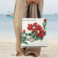 Red Camellia Tote Bag | Traditional Chinese Watercolor Botanical Art | Premium Twill Diamond-Grid Texture | Aesthetic Gift for Flower Lovers