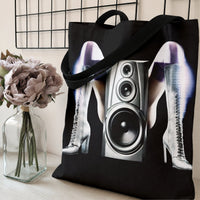 Speaker Boots Tote Bag | Fishnets Lace-Up Platform Boots & Subwoofer Art | Premium Twill Diamond-Grid Fabric | Edgy Gift for Music Lovers
