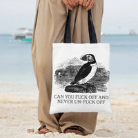 Funny Puffin Tote Bag | Vintage Engraving Style Sarcastic Bird Art | Premium Composite Twill Fabric | Hilarious Gift for Bird Lovers