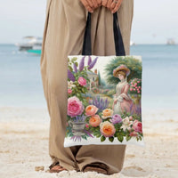 Victorian Garden Tote Bag | Vintage Lady in Cottage Rose Garden Art | Premium Twill Diamond-Grid Fabric | Gift for Art History Lover