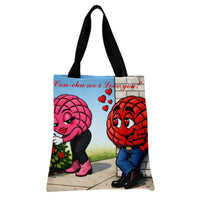 Concha Love Tote Bag | Cute Mexican Pan Dulce Couple Cartoon Art | Premium Twill Diamond-Grid Fabric | Romantic Gift for Pan Dulce Lovers