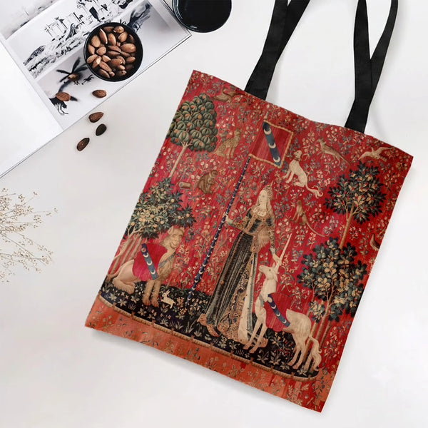 Lady and the Unicorn Tote Bag | Medieval Tapestry Art with Lion and Unicorn | Premium Twill Diamond-Grid Fabric | Gift for Ar