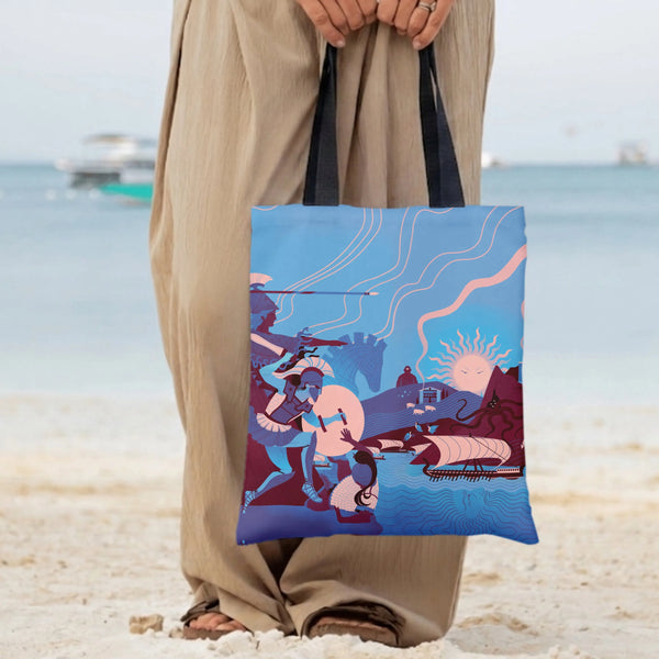 Greek Mythology Odyssey Tote Bag | Ancient Warrior & Ship Illustration Art | Premium Twill Diamond-Grid Texture | Gift for My