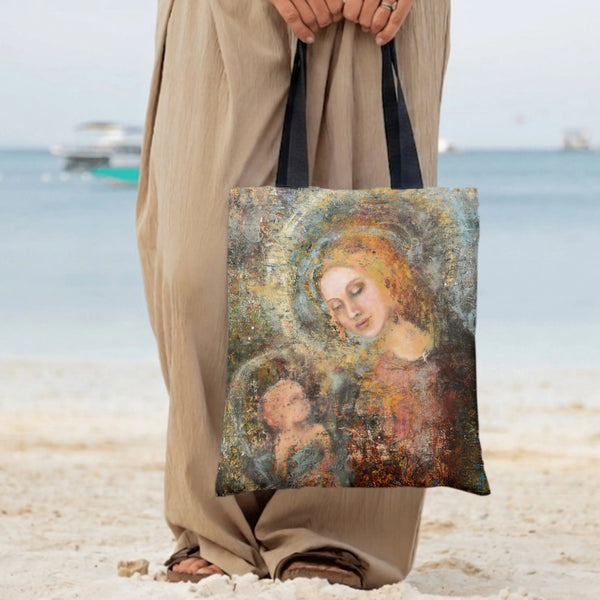 Madonna and Child Tote Bag | Renaissance-Inspired Fresco Painting Art | Premium Twill Fabric with Diamond-Grid Texture | Gift