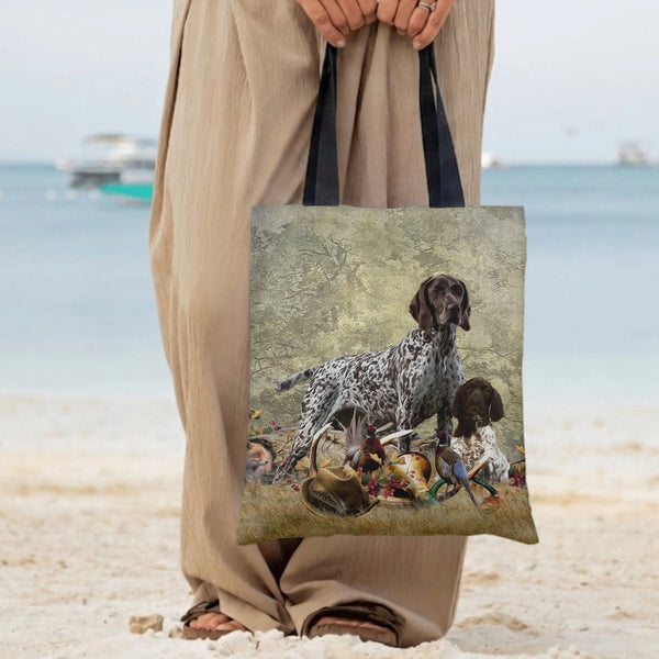German Shorthaired Pointer Tote Bag | Hunting Dog Pheasant Wildlife Scene Art | Premium Twill Diamond-Grid Texture | Gift for