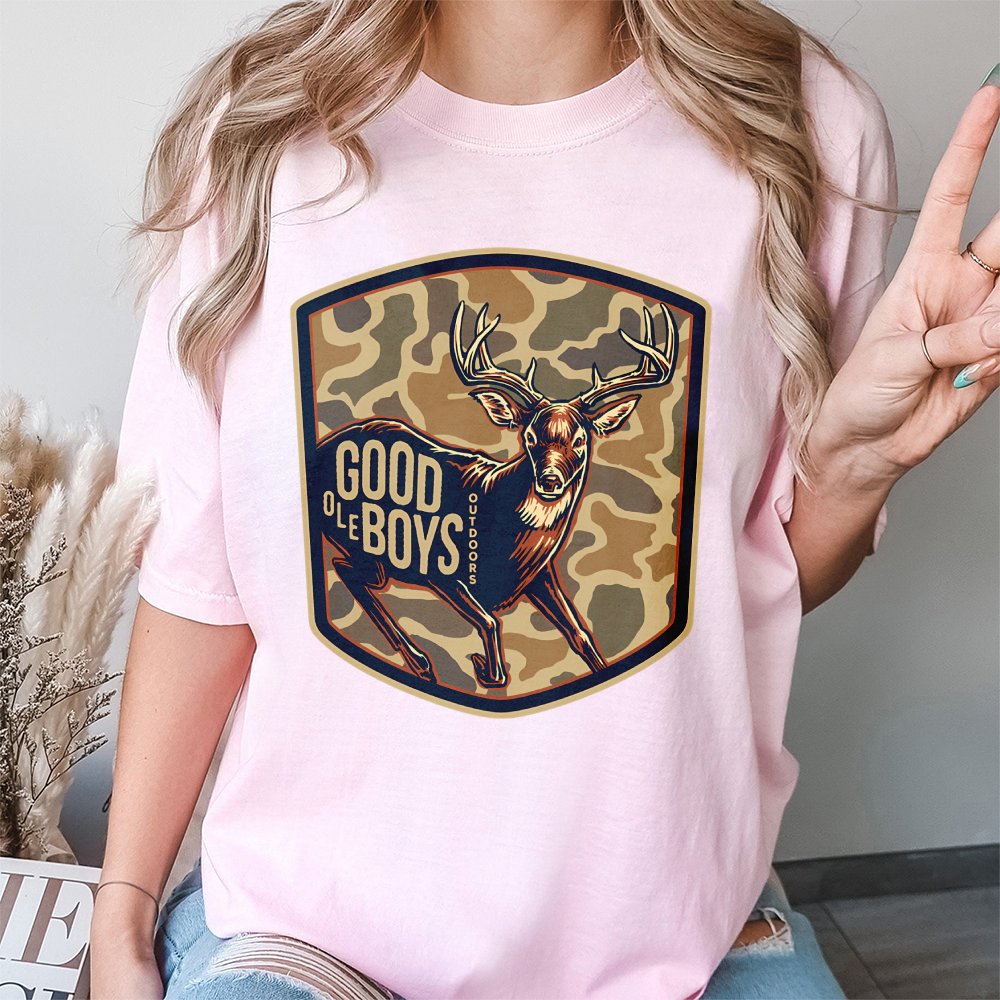 Good Ole Boys Outdoors T-Shirt, Buck Deer Camo Graphic T-Shirt, Country Lifestyle Apparel, Rustic Nature Design T-Shirt