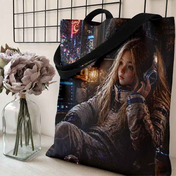 Cyberpunk Girl Tote Bag | Sci-Fi Astronaut Listening to Music Neon City Art | Premium Twill Diamond-Grid Texture | Gift for S