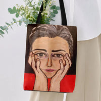 Woman Portrait Art Tote Bag | Expressive Painted Face Hands on Cheeks Illustration | Premium Twill Diamond-Grid Texture | Unique Gift for Art Lovers