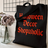 Halloween Decor Shopaholic Tote Bag | Dripping Gothic Lettering Orange on Black | Premium Twill Diamond-Grid Texture | Spooky Season Gift for Halloween Obsessed
