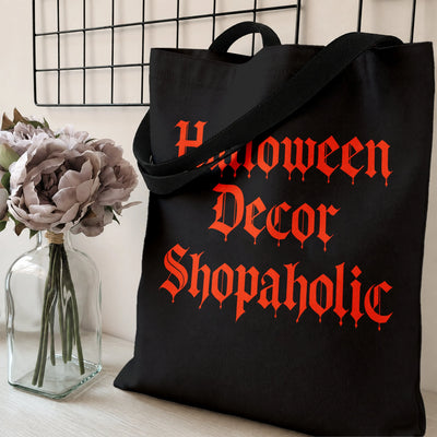 Halloween Decor Shopaholic Tote Bag | Dripping Gothic Lettering Orange on Black | Premium Twill Diamond-Grid Texture | Spooky Season Gift for Halloween Obsessed