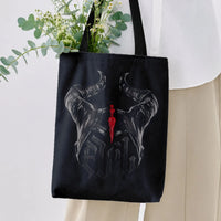 Gothic Demon Horns Tote Bag | Dark Fantasy Occult Art with Red Sword | Premium Twill Diamond-Grid Fabric | Gothic Gift for Fantasy Fans