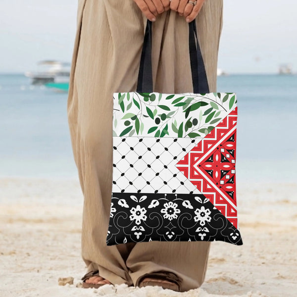 Palestinian Keffiyeh Olive Branch Tote Bag | Traditional Tatreez Embroidery Pattern Patchwork Art | Premium Twill Fabric | Cu