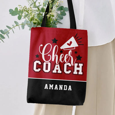 Cheer Coach Tote Bag | Personalized Megaphone Stars Varsity Design | Premium Twill Diamond-Grid Texture | Appreciation Gift for Cheerleading Coach