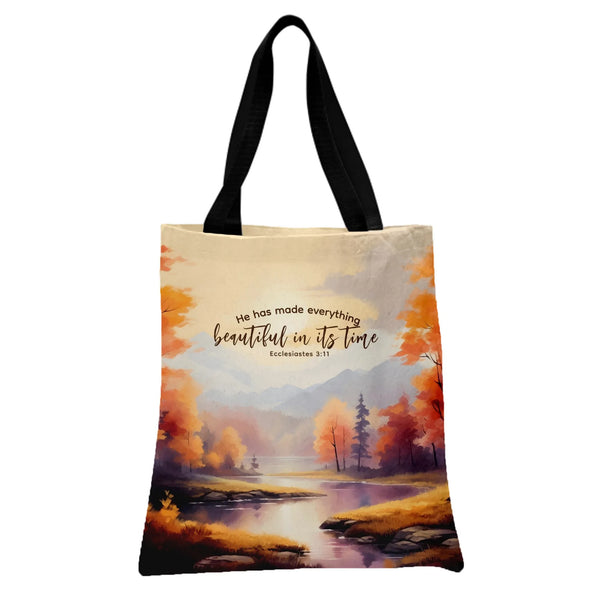Ecclesiastes 3:11 Bible Verse Tote Bag | Autumn Watercolor Lake Landscape | Premium Twill Fabric | Christian Faith Inspiratio