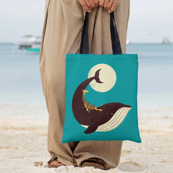 Whale and Giraffe Tote Bag | Whimsical Animal Friends Moonlight Illustration | Premium Twill Diamond-Grid Texture | Cute Gift