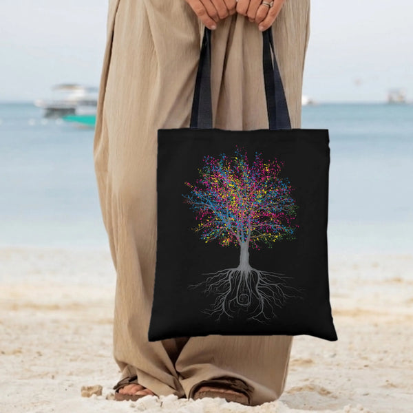 Music Note Tree Tote Bag | Colorful Treble Clef Root Art on Black | Premium Twill Diamond-Grid Fabric | Gift for Music Lover