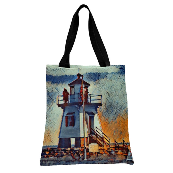 Lighthouse Oil Painting Tote Bag | Impressionist Coastal Sunset Scene with American Flag | Premium Twill Fabric | Gift for Ar