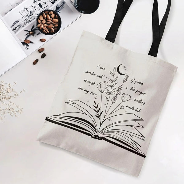 Book Lover Tote Bag | Open Book Wildflowers Moon Reading Quote Art | Premium Composite Twill Fabric | Gift for Readers and Bo