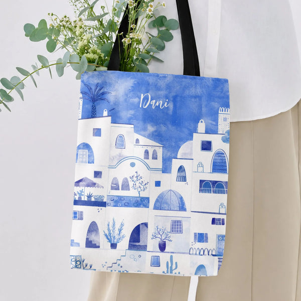 Mediterranean Village Tote Bag | Watercolor Blue and White Architecture Art | Premium Twill Diamond-Grid Fabric | Gift for Tr