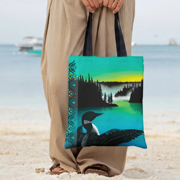 Loon Tote Bag | Northern Lake Aurora Borealis Folk Art Illustration | Premium Composite Twill Fabric | Gift for Birdwatcher a