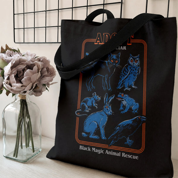 Adopt a Familiar Witch Tote Bag | Black Magic Animal Rescue Retro Occult Art | Premium Twill Diamond-Grid Fabric | Gothic Hal