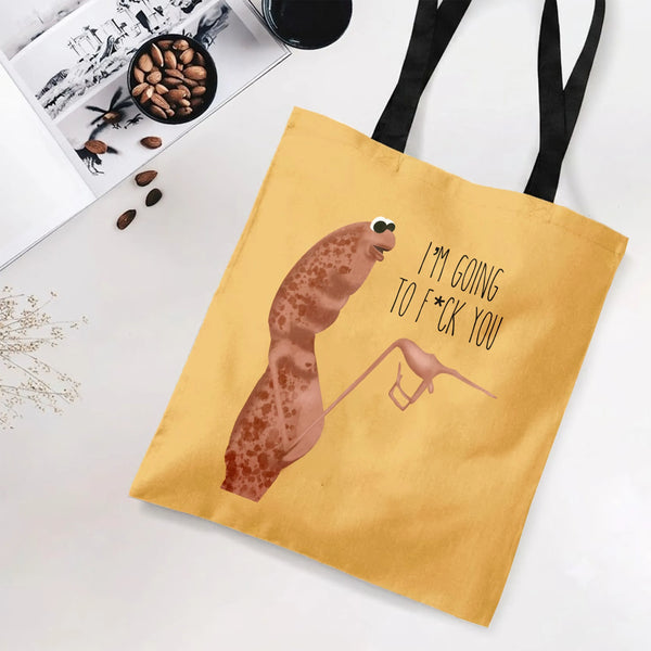 Funny Slug Tote Bag | Sassy Cartoon Slug with Googly Eyes Illustration | Premium Twill Diamond-Grid Texture | Hilarious Gag G