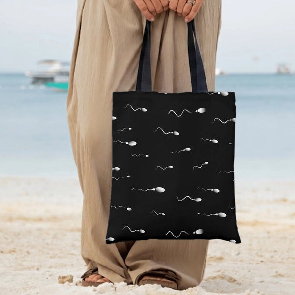 Sperm Cell Pattern Tote Bag | Funny Biology Science Print on Black | Premium Composite Twill Fabric | Unique Gag Gift for Med