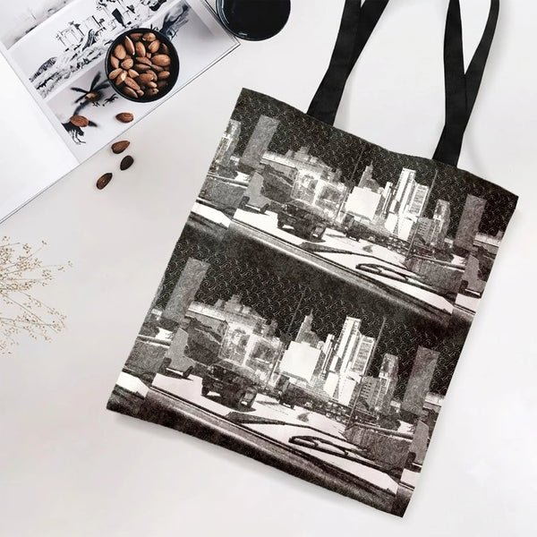 City Skyline Tote Bag | Black & White Urban Cityscape Illustration Art | Premium Composite Twill Fabric | Trendy Gift for Arc