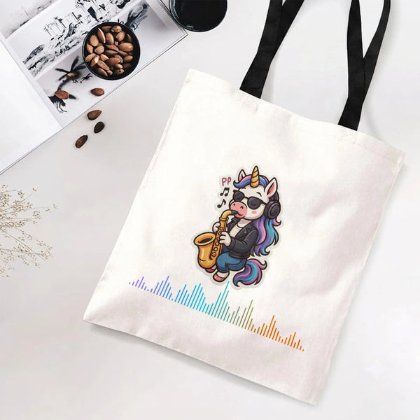 Unicorn Saxophone Tote Bag | Cool Jazz Unicorn with Headphones Cartoon Art | Premium Twill Diamond-Grid Texture | Fun Gift fo