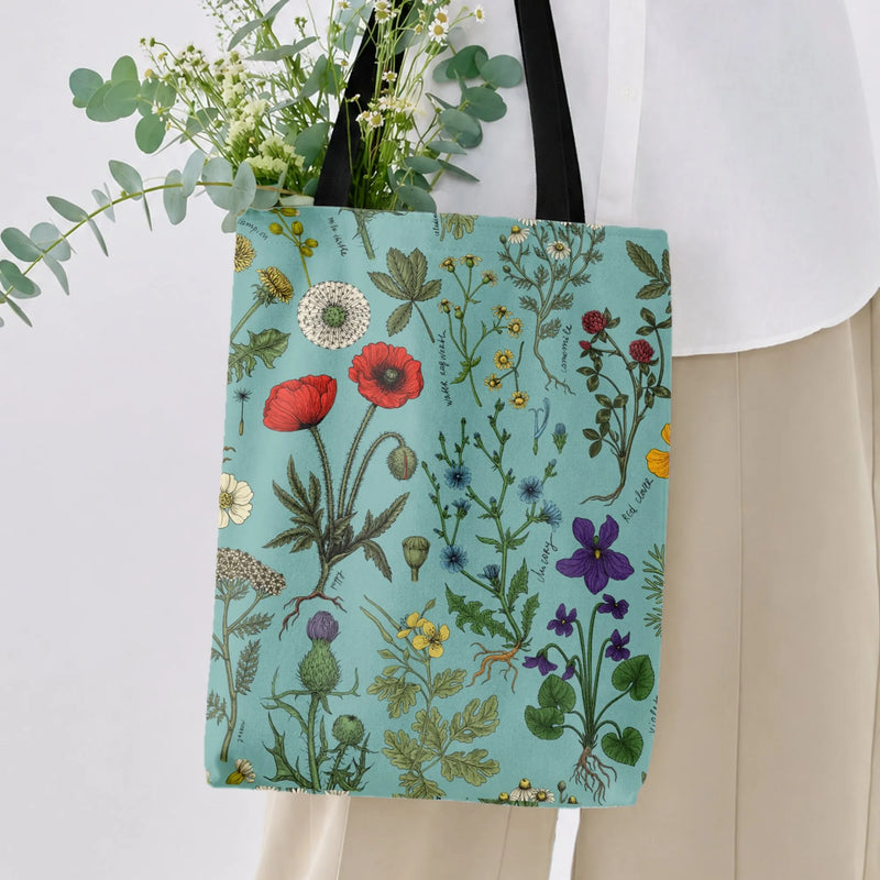 Wildflower Botanical Tote Bag | Vintage Herbarium Illustration with Poppy Dandelion Violet | Premium Twill Diamond-Grid Fabric | Gift for Botanical Art Lover