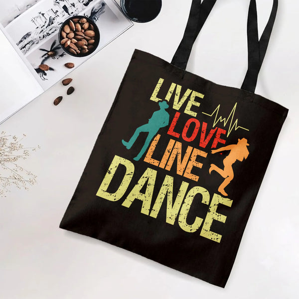 Line Dance Tote Bag | Live Love Line Dance Retro Cowboy Silhouette Art | Premium Twill Fabric with Diamond-Grid Texture | Gif