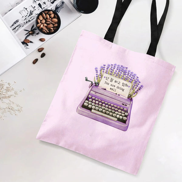 Korean Typewriter Lavender Tote Bag | Vintage Purple Typewriter with Wildflower Watercolor Art | Premium Twill Fabric | Motiv