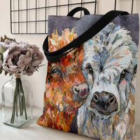 Highland Cow Tote Bag | Colorful Mixed Media Cattle Portrait Art | Premium Twill Diamond-Grid Fabric | Unique Gift for Farm Animal Lover