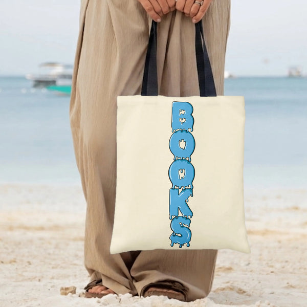 Books Tote Bag | Blue Melting Drip Typography Art | Premium Twill Diamond-Grid Texture | Gift for Book Lovers and Readers