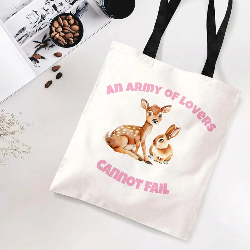 Deer and Bunny Tote Bag | An Army of Lovers Cannot Fail Cute Woodland Animal Art | Premium Twill Diamond-Grid Texture | Inspirational Gift for Animal Lovers