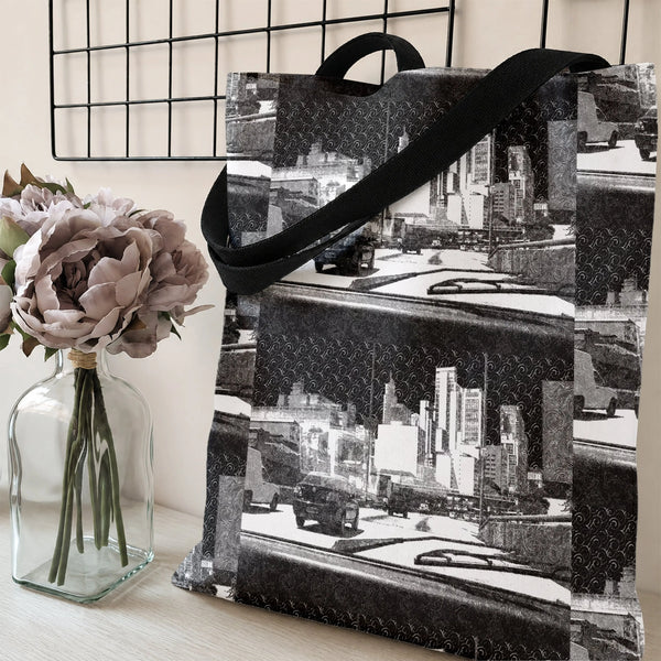 Urban Cityscape Tote Bag | Black and White Vintage City Skyline Collage Art | Premium Composite Twill Fabric | Aesthetic Gift